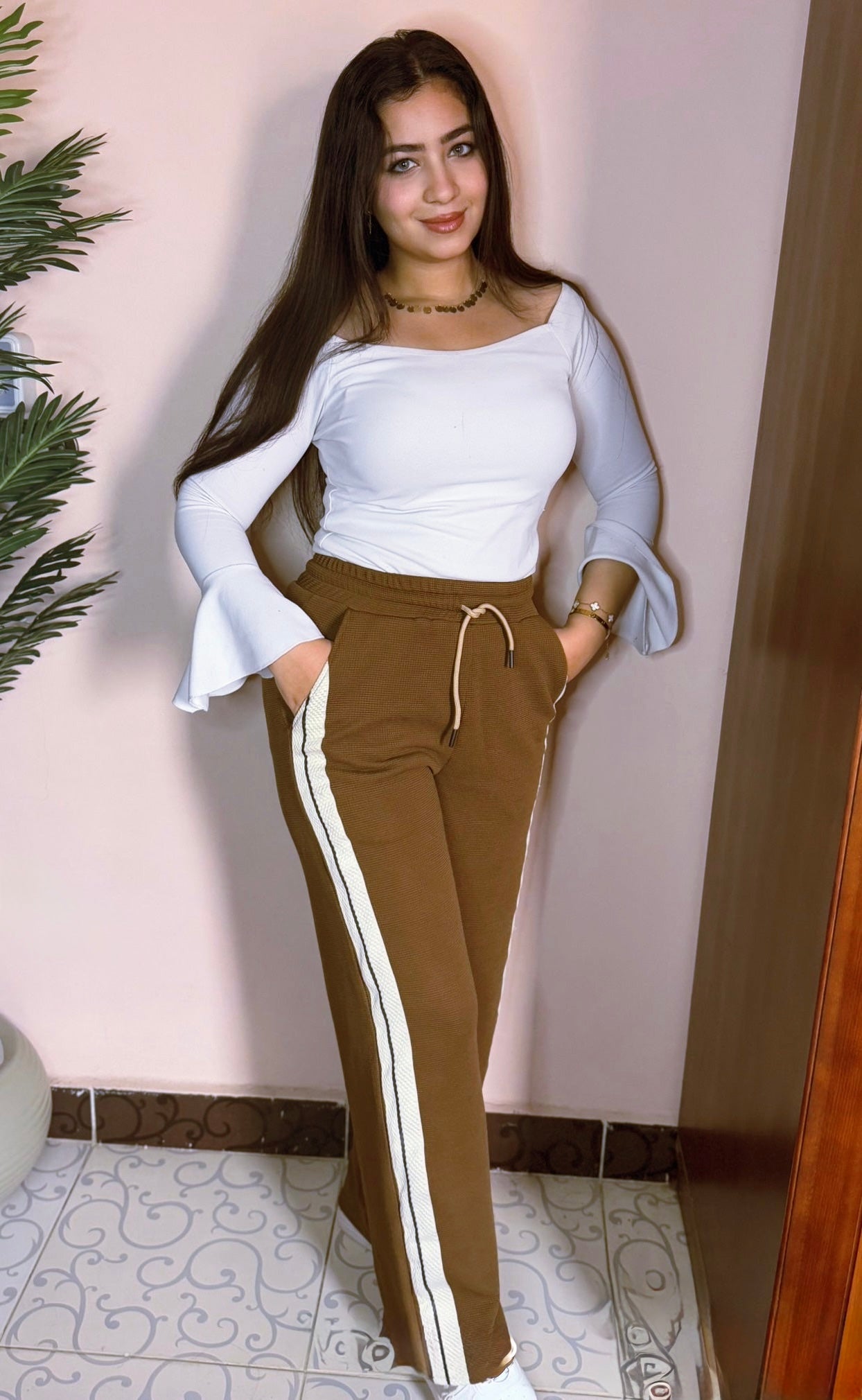 بنطلون وايد ليج بنى